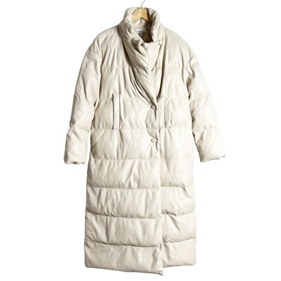 Something Navy Cream Faux Leather Oversized Trench Puffer Coat Size Small - Picture 6 of 16